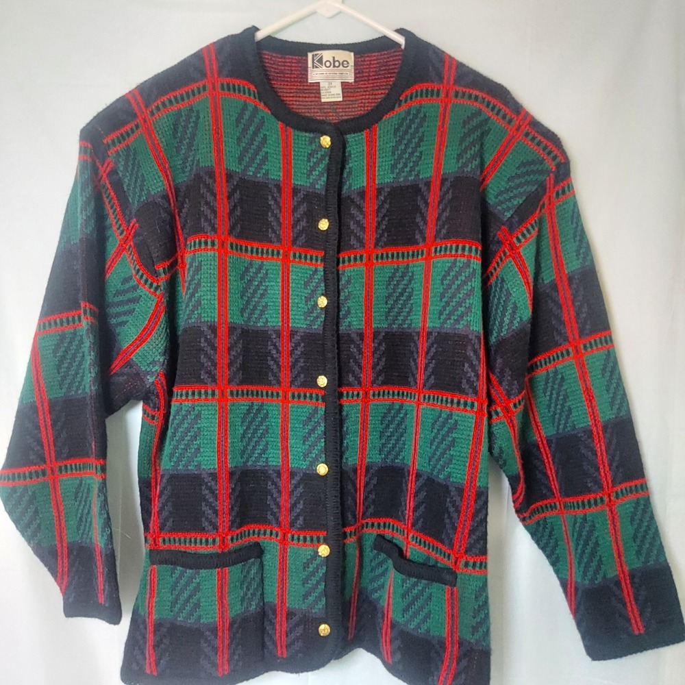 Kobe Women's Plaid Cardigan Sweater 2X Green Red Navy Button Front Pockets‎ Y2K